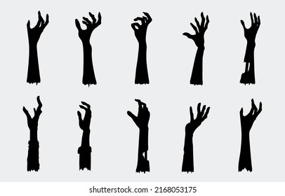 Silhouettes of Zombie hands collection in a rise up pose isolated on white. Graphic resource for spirit, Halloween, and fantasy.