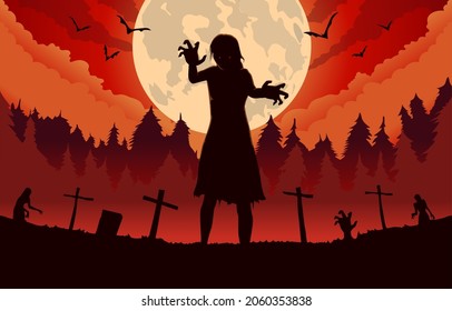 Silhouettes of Zombie lady was evil spirit walking out from the grave at full moon night.  illustration for Halloween and ghost. bat in the sky.