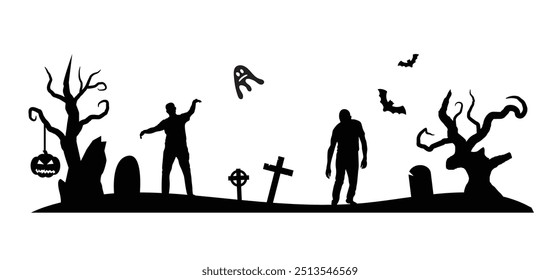 Silhouettes of Zombies in a Halloween Graveyard. National Halloween Holiday Concept Vector