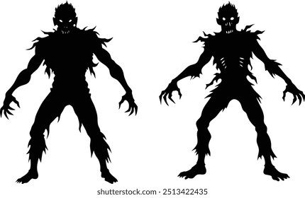  Siluetas de zombis, arte de línea hombre muerto caminando, Vector de dibujos animados monstruo espeluznante Halloween, aislado sobre fondo transparente.