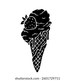 Silhouette,stamp of ice cream plombir in a waffle cone.Vector graphics.