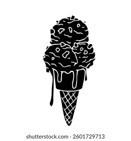 Silhouette,stamp of ice cream plombir in a waffle cone.Vector graphics.