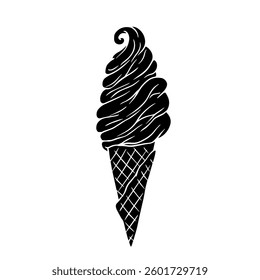 Silhouette,stamp of ice cream plombir in a waffle cone.Vector graphics.