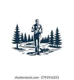 Silhouette-style illustration of a man jogging through a forested path. Tall coniferous trees line the winding trail, suggesting a serene outdoor setting. The runner, depicted in motion, conveys a sense of activity and fitness. The artwork primarily uses dark blue tones against a white background, creating a striking contrast. The composition emphasizes nature and physical activity.