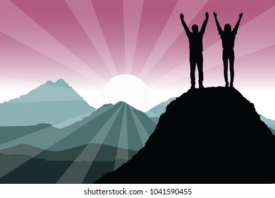 silhouette,young girls and men celebrating victory