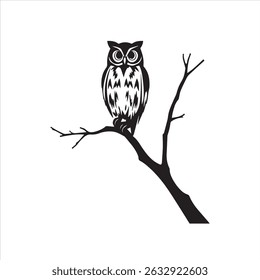 Silhoutee illustration of an owl sitting on a tree branch.	