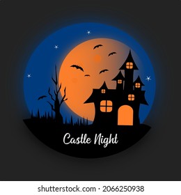 Silhoutte Castle Night Emblem, Bat and Moonlight Logo Design for Vintage Branding Club