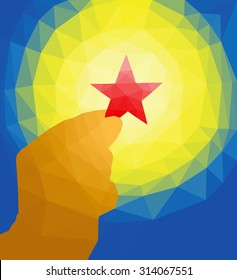 Silhoutte of a hand holding a shining red star, low poly vector illustration.