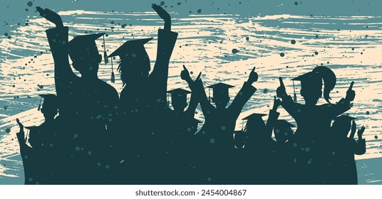 
Silhoutte of happy crowd of graduates children in square academic caps. Background with paintbrush stroke and blots. Graduation event. Vector  illustration.
