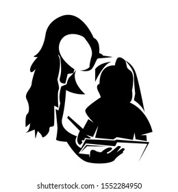 Silhoutte of a Mother Teaching Her daughter to read the book, flat design. Vector Illustration on white background