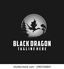 Silhoutte Mythology Dragon Ancient Beast Traditional Japanese Tree and Building Illustration Design