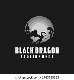 Silhoutte Mythology Dragon Ancient Beast Traditional Japanese Tree and Building Illustration Design