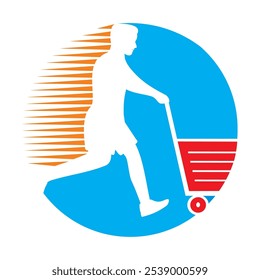 A silhoutte of a person pushing a shopping cart againt a dynamic background. The image symbolizes fast and efficient shopping, perfect for retail, marketing, and lifesyle concept.