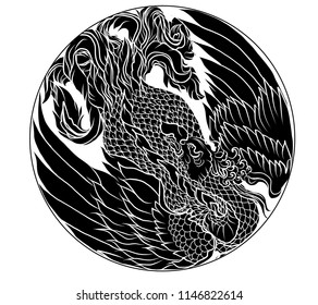 Silhoutte Phoenix fire bird vector and illustration design for tattoo.Chinese Peacock in circle Silhouette and isolate on white background. 