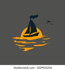 silhoutte of sailing dhow ship logo design with sun in the backround