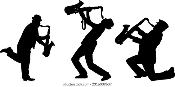 Silhoutte set of Man playing trumpet in captivating poses, Enhance your design projects with our silhouette set Man in stylish poses playing trumpet.