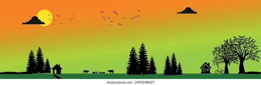 silhoutte village in evening with cow and sheep in the field