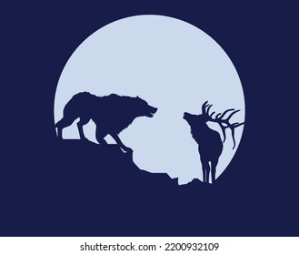 The silhoutte of wolf and deer background in the middle of the night