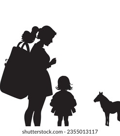 silhouttee women with dog and baby on the white background