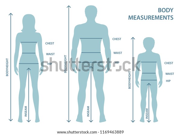 Silhouttes of man, women\
and boy in full length with measurement lines of body parameters .\
Man, women and child sizes measurements. Human body measurements\
and proportions.