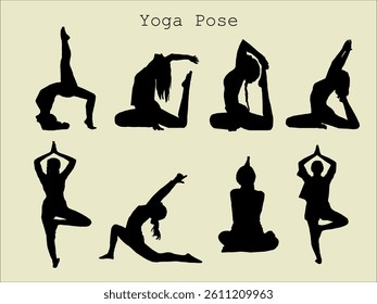 Silhouttes of yoga. Silhouttes of yoga poses. Collection of yoga poses. Woman yoga silhouttes. Asana set. Sport Women Silhouettes.