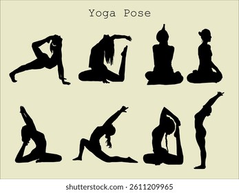 Silhouttes of yoga. Silhouttes of yoga poses. Collection of yoga poses. Woman yoga silhouttes. Asana set. Sport Women Silhouettes.