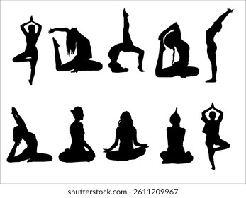 Silhouttes of yoga. Silhouttes of yoga poses. Collection of yoga poses. Woman yoga silhouttes. Asana set. Sport Women Silhouettes.