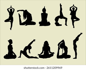 Silhouttes of yoga. Silhouttes of yoga poses. Collection of yoga poses. Woman yoga silhouttes. Asana set. Sport Women Silhouettes.