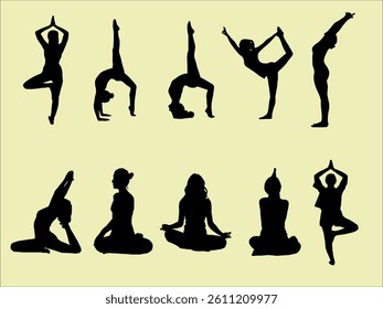 Silhouttes of yoga. Silhouttes of yoga poses. Collection of yoga poses. Woman yoga silhouttes. Asana set. Sport Women Silhouettes.