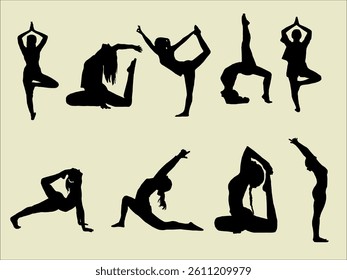 Silhouttes of yoga. Silhouttes of yoga poses. Collection of yoga poses. Woman yoga silhouttes. Asana set. Sport Women Silhouettes.
