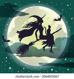 Silhuette of flying witch, full moon and stars, vintage Halloween vector illustration.