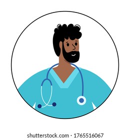 Silhuette Of Medic Specialist In A Circle Avatar. Doctor Or Nurse Is Ready To Help Patients In Clinics. Flat Vector Illustration. Medical Pnarmacy Poster. Adult Or Young Male Black Cartoon Character.