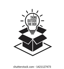 silhuette of text think outside the box sign with bulb illustration