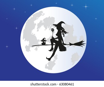 Silhuette of the witch flying on the broom with full moon on background