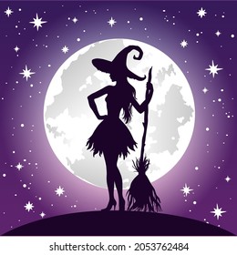 Silhuette of witch, full moon and stars, vintage Halloween vector illustration.