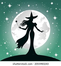 Silhuette of witch, full moon and stars, vintage Halloween vector illustration.