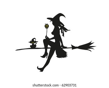 Silhuette of the witch sitting on the broom