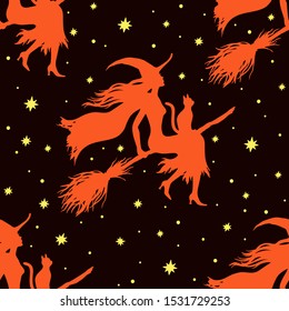 Silhuette of witches, seamless  pattern. Halloween vector illustration.