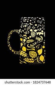 Silhuoette of beer stein shaped by a golden-yellow leaves motif isolated on black background. Logo for poster or banner of craft brewery and beer festival 