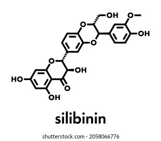 Silibinin (silybin) milk thistle molecule. Major constituent of silymarin, has liver protecting properties. Skeletal formula.