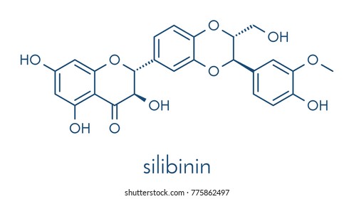 Silibinin (silybin) milk thistle molecule. Major constituent of silymarin, has liver protecting properties. Skeletal formula.