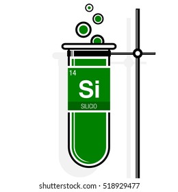 Silicio symbol - Silicon in Spanish language - on label in a green test tube with holder. Element number 14 of the Periodic Table of the Elements - Chemistry