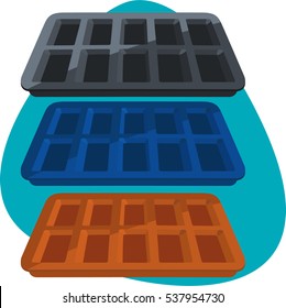 Silicon bread loaf pans. Empty and clean black, blue and orange rectangular pans for baking homemade mini bread. Isolated. On aquamarine background.