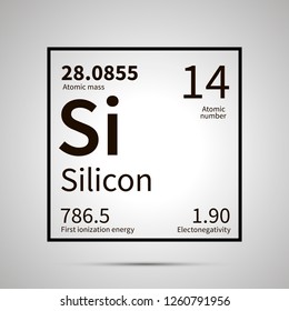 Silicon chemical element with first ionization energy, atomic mass and electronegativity values ,simple black icon with shadow on gray