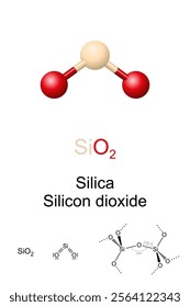 Silicon dioxide, silica, SiO2, molecule model, chemical structure and formula. Commonly found in nature as quartz, a major constituent of sand, and a common fundamental constituent of glass. Vector.