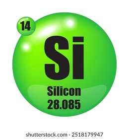 Silicon element. Symbol Si. Atomic number 14. Atomic mass 28.085. Green circle.