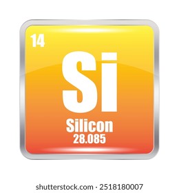 Silicon element. Symbol Si. Atomic number 14. Atomic mass 28.085. Yellow square.