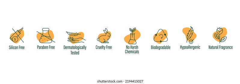 silicon free, paraben free, dermatologically tested, cruelty free, natural chemicals, biodegradable, hypoallergenic, natural fragrance icon set vector illustration

