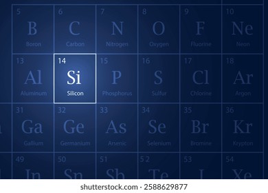 Silicon highlighted element in periodic table with glowing effect