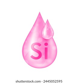 Minerales de silicio gotita rosa. Complejo vitamínico en solución esencial. Gota de agua de la naturaleza sobre fondo blanco para anuncios de suplementos dietéticos. Concepto de ciencia médica. Icono Vector aislado 3D.